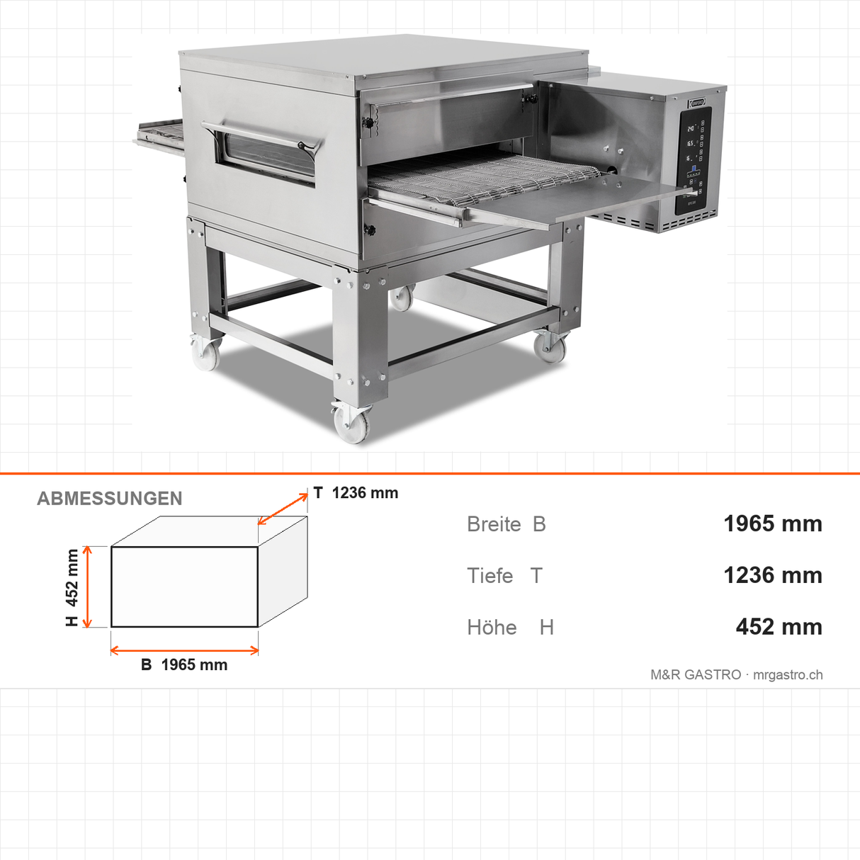 Pizzaofen Elektro Förderband, 13 kW, 400 V, 1965×1236×452 mm – Abmessungen