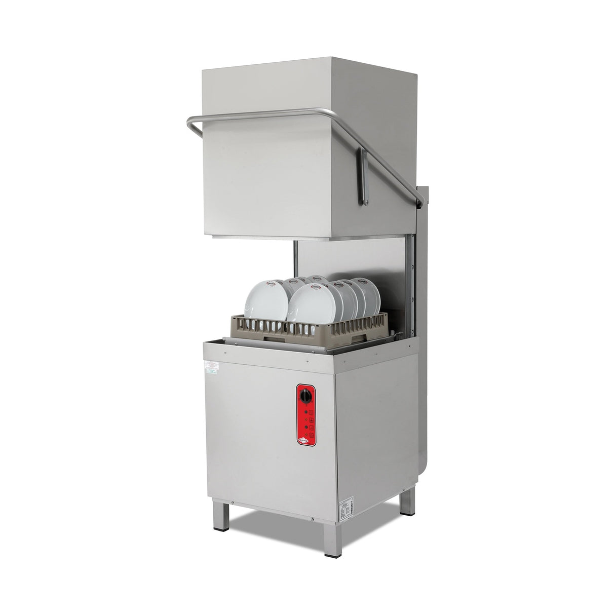 Lave-vaisselle à capot, commande digitale, 1000 assiettes/heure, 4 programmes, panier 500×500 mm, 9 kW, avec pompes doseuses, 740×830×1485 mm