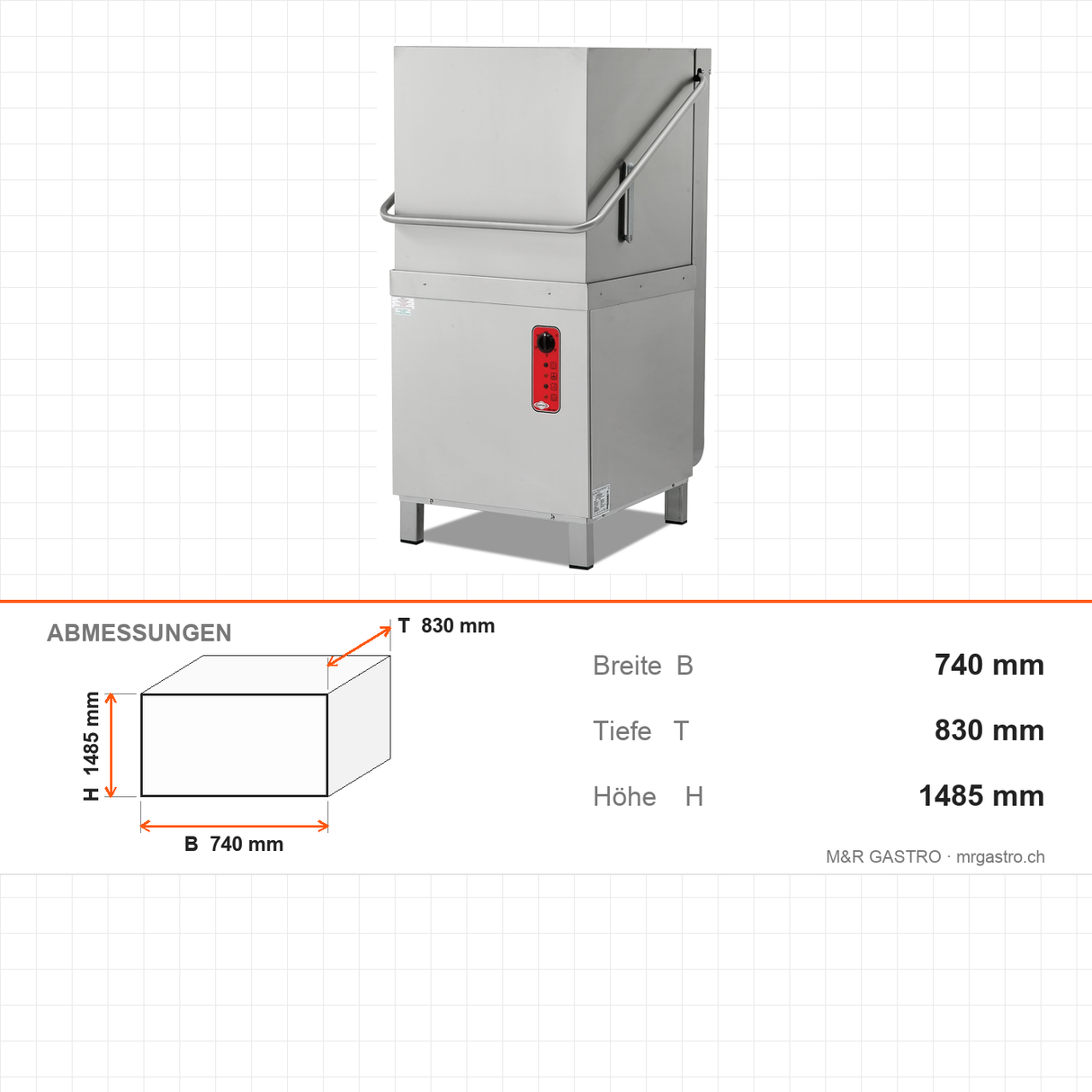 Haubenspülmaschine, Digitalsteuerung, 1000 Teller/Stunde, 4 Programme, Korb 500×500 mm, 9 kW, mit Dosierpumpen, 740×830×1485 mm – Abmessungen