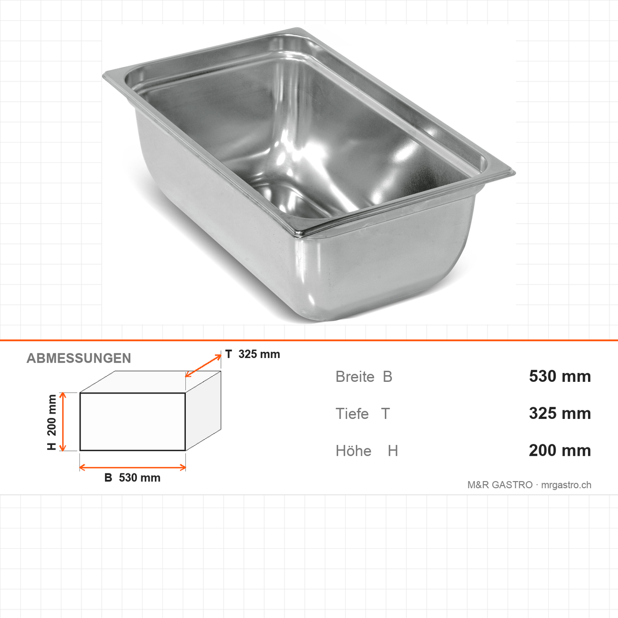 Vakuumbehälter, GN 1/1, 27 L, Edelstahl, 530×325×200 mm – Abmessungen