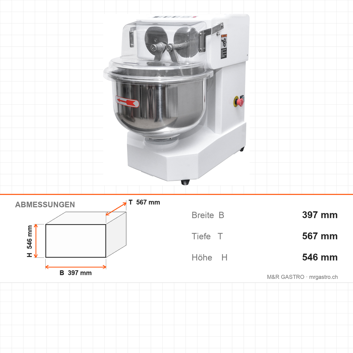 Doppelarm-Teigknetmaschine, 16 L, 3 kg Mehl, 5 Geschwindigkeiten, 1,0 kW, 230V, 397×567×546 mm – Abmessungen