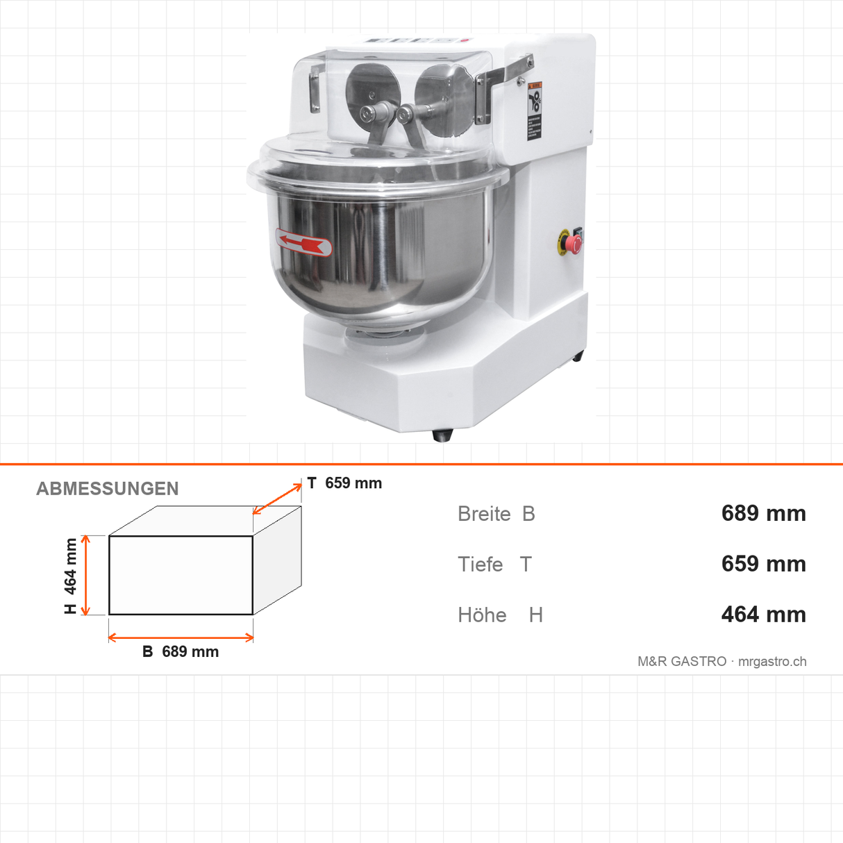 Doppelarm-Teigknetmaschine, 30 L, 13 kg Teig, 5 Geschwindigkeiten, 1,5 kW, 230V, 689×659×464 mm – Abmessungen