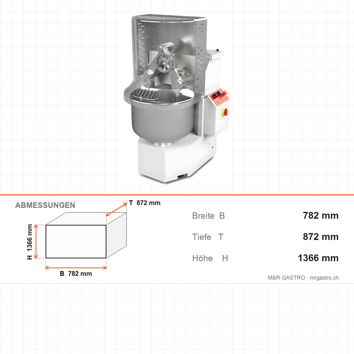 Doppelarm-Teigknetmaschine, 65 L, 25 kg Mehl, 10 Geschwindigkeiten, 2,2 kW, 400V, 782×872×1366 mm – Abmessungen