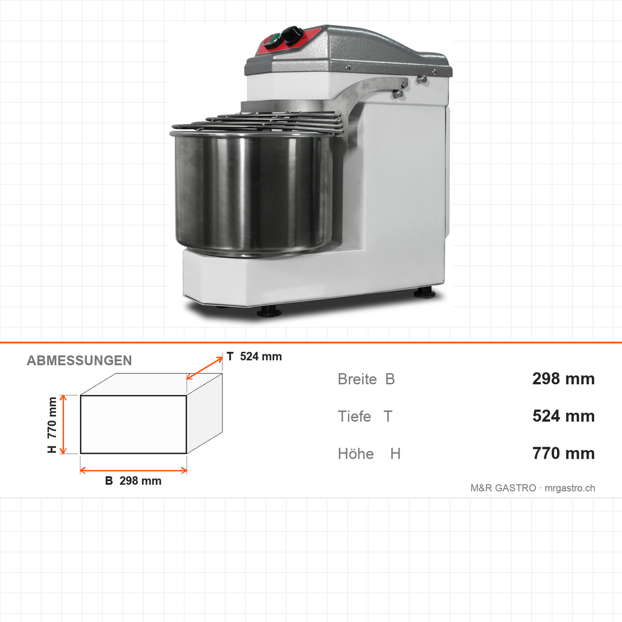 Spiral-Teigknetmaschine, 11 L, 10 kg Teig, 0,37 kW, 230V, Tischmodell, 298×524×770 mm – Abmessungen