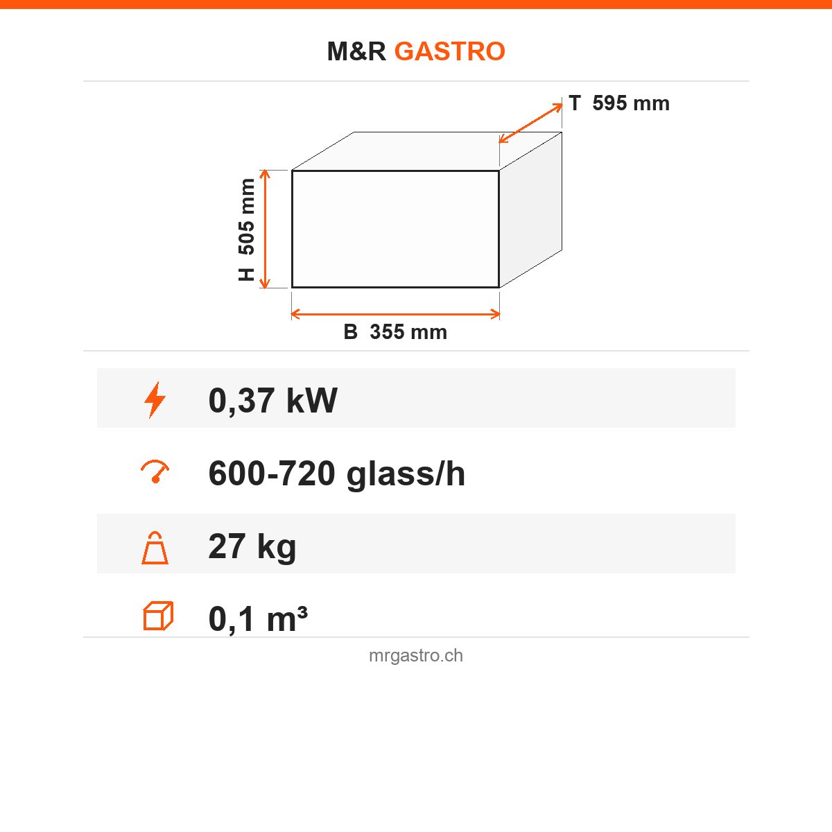 Gläsertrockner, Heißluft, 600-720 Gläser/Stunde, 8 Bürsten, 2,62 kW, Edelstahl, 355×595×505 mm – Technische Daten