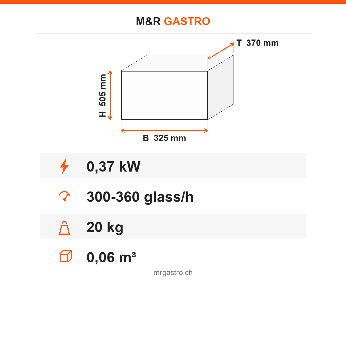 Gläsertrockner, Heißluft, 300-360 Gläser/Stunde, 5 Bürsten, 1,49 kW, Edelstahl, 325×370×505 mm – Technische Daten