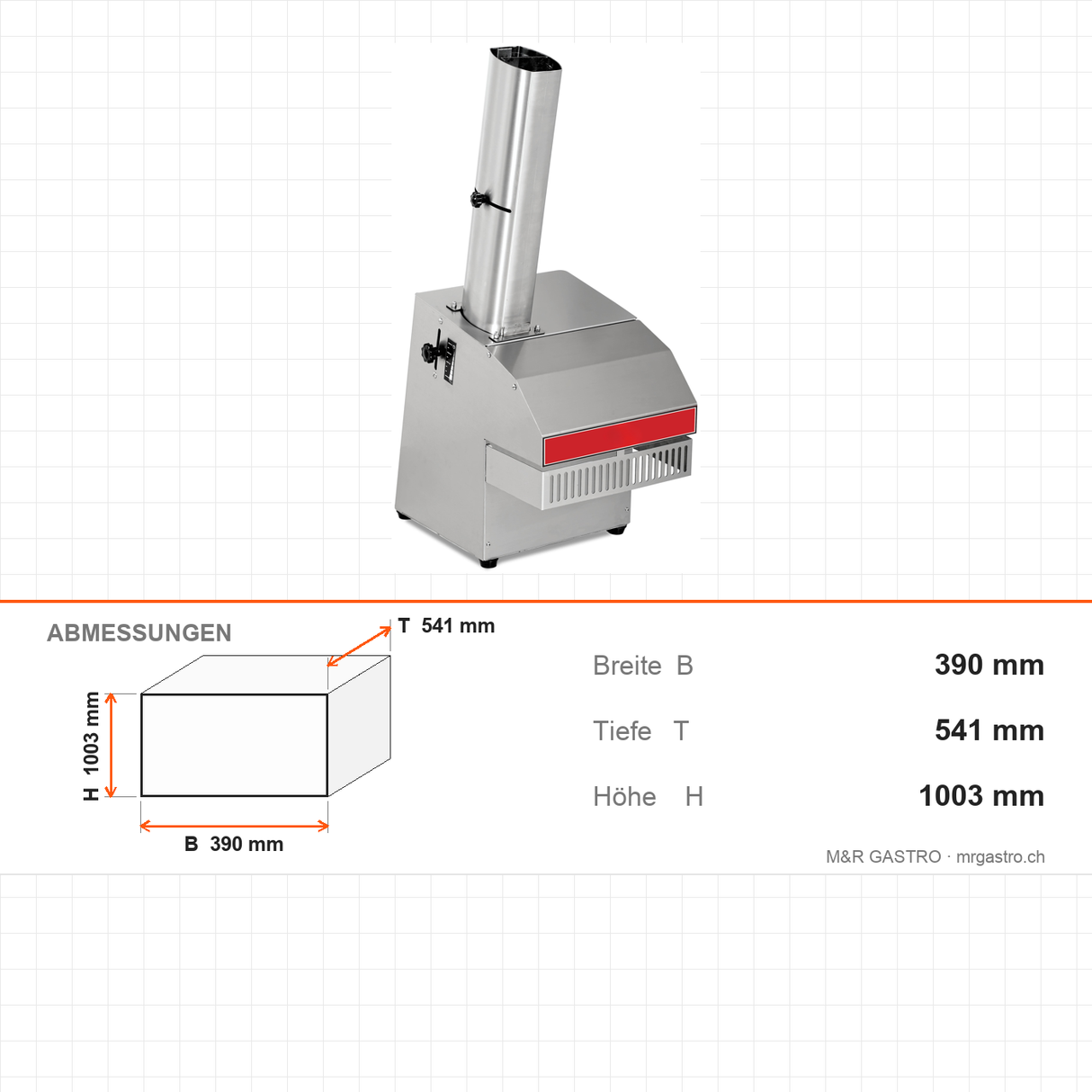 Baguette-Schneidemaschine, 8000 Scheiben/h, Scheibendicke 10-80 mm, 0,25 kW, Edelstahlgehäuse, 390×541×1003 mm – Abmessungen