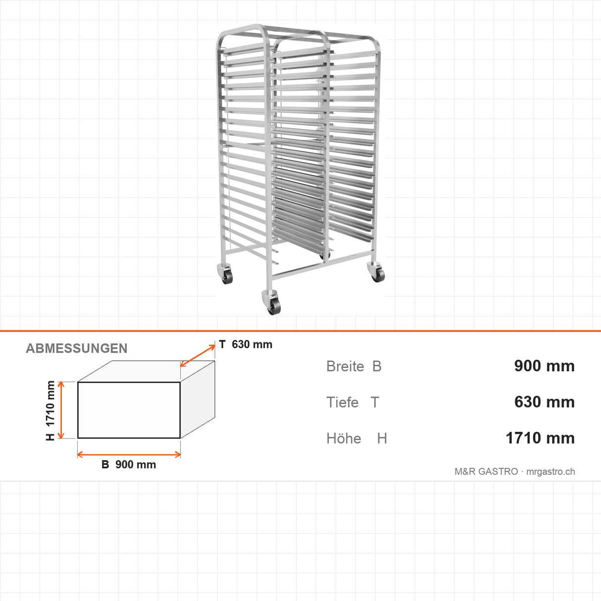 Tablettwagen, Twin, für 36 Tabletts 40×60 cm und GN 1/1, 900×630×1710 mm – Abmessungen