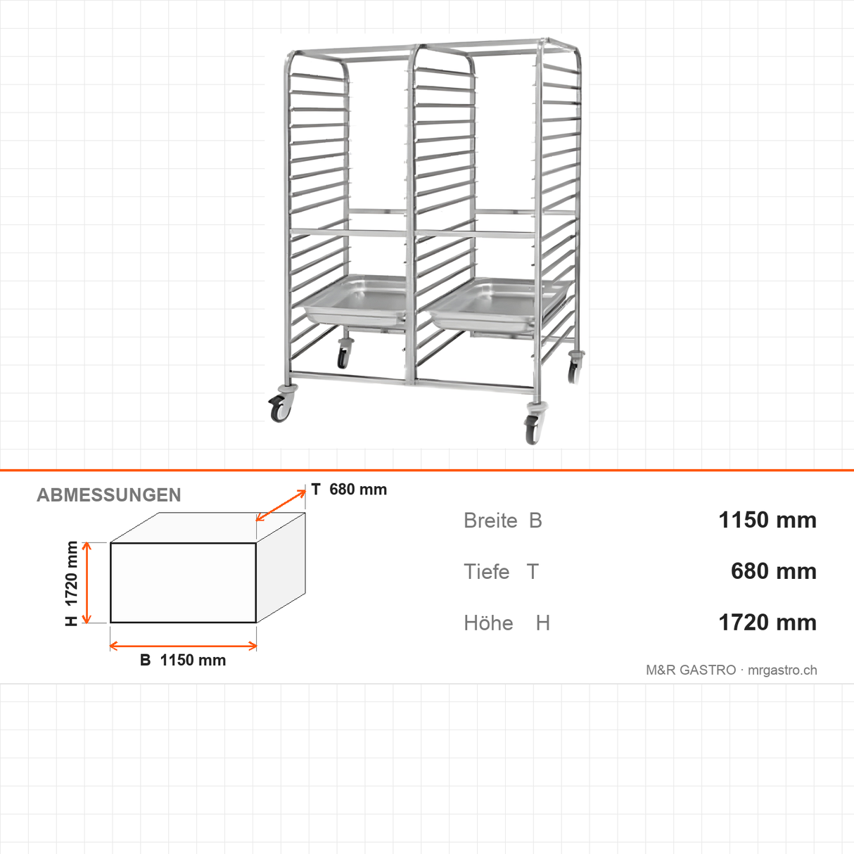 GN-Wagen, High Twin, für 34x GN 2/1, 34 Ebenen, 1150×680×1720 mm – Abmessungen