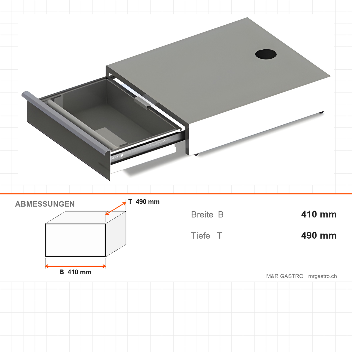 Kaffeeschublade, 2 kg Behälter, Mahlwerk Ø 60 mm, thermischer Motorschutz, Edelstahl AISI 304, 410×490 mm – Abmessungen