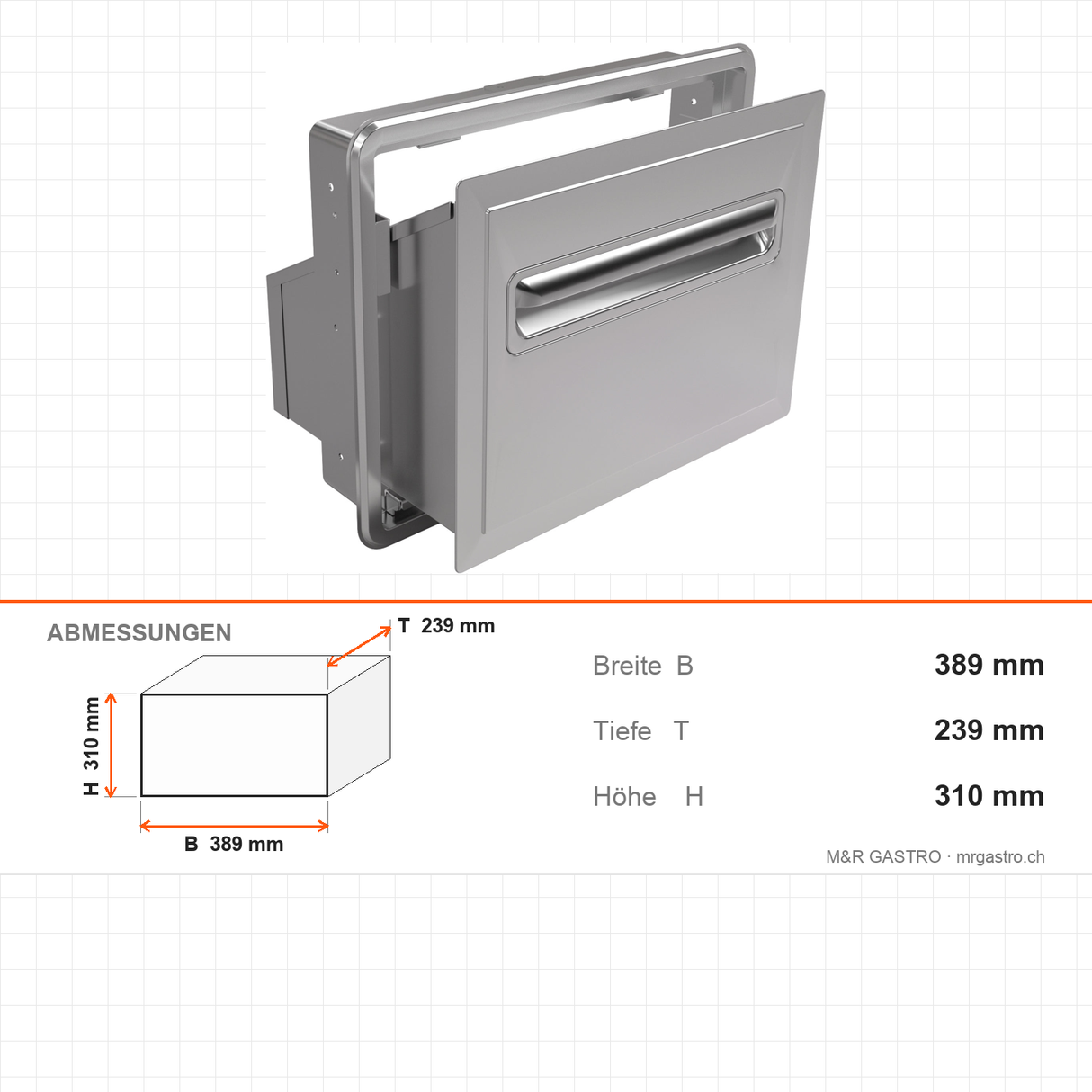 Kaffeeschublade, 2 kg Behälter, Mahlwerk Ø 60 mm, thermischer Motorschutz, Edelstahl AISI 304, 389×239×310 mm – Abmessungen