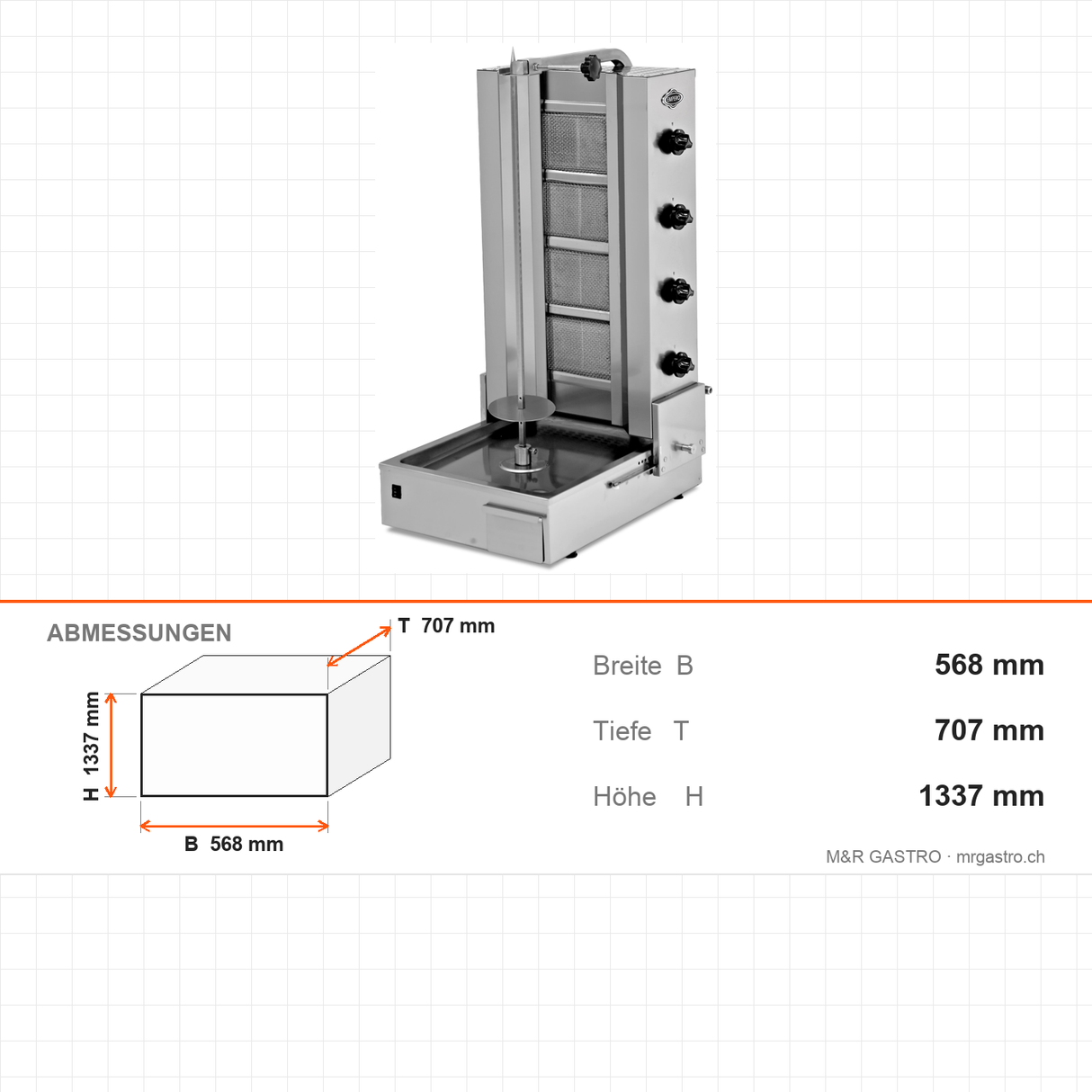 Gas-Dönergrill, Motor unten, 5 Brenner, 17,5 kW, 568×707×1337 mm – Abmessungen