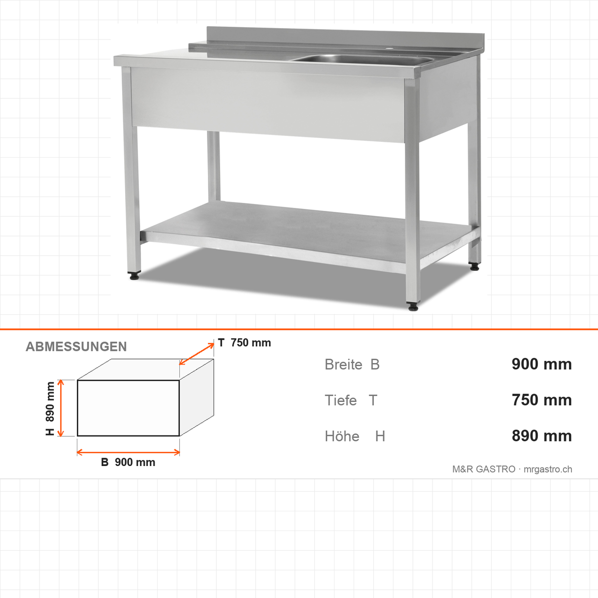 Ausgabetisch für Geschirrspüler, rechts, mit Ablagefach, 900×750×890 mm, 0,6 m³, Edelstahl – Abmessungen