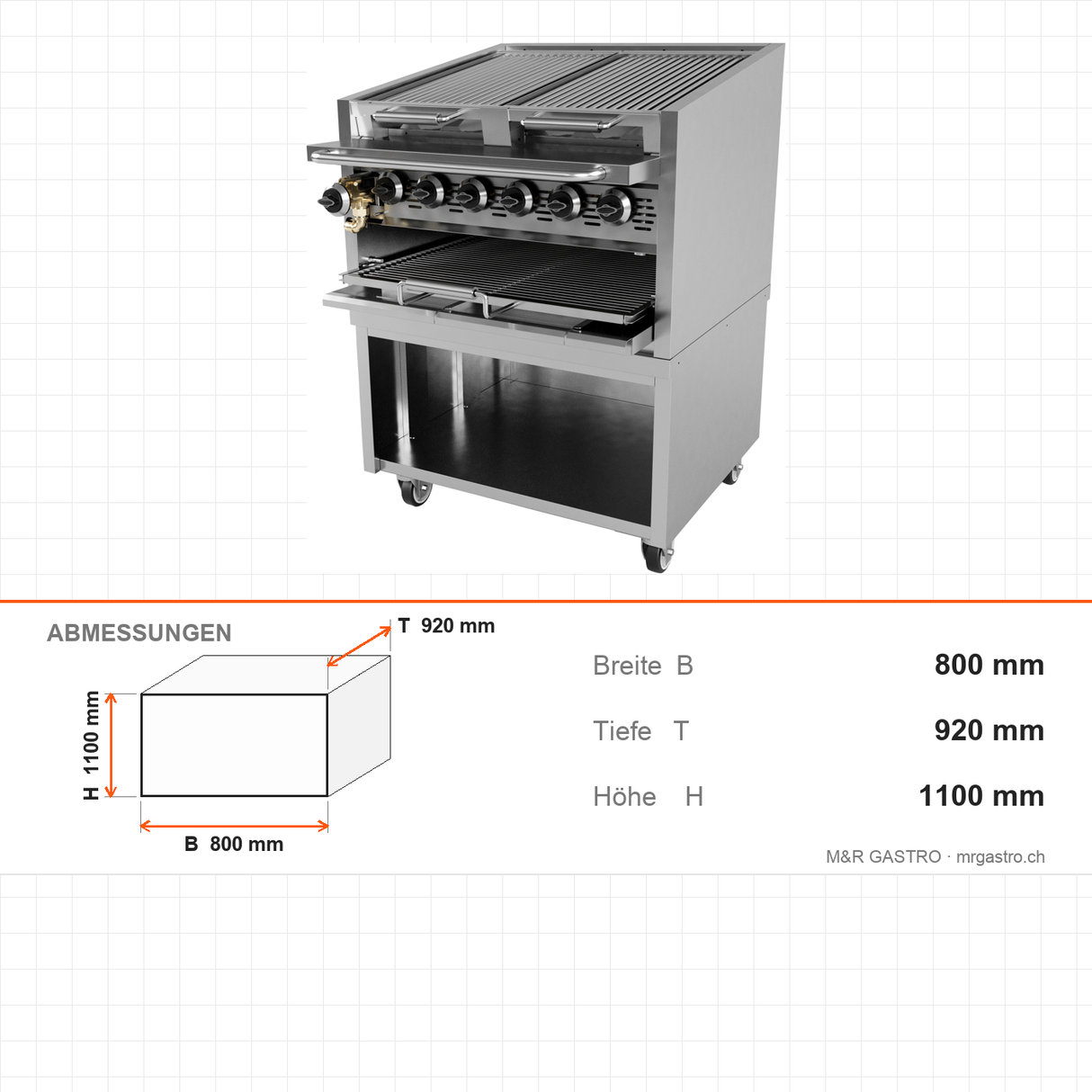 Gasgrill American, 24,2 kW, Mehrzonen-Heizung, Gusseisenbrenner, 800×920×1100 mm, Serie 700 – Abmessungen