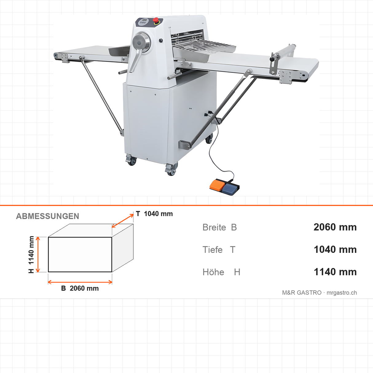 Teigausrollmaschine mit Band, automatisch, Bandbreite 520 mm, digitale Dickenanzeige, verstellbare Dicke, Edelstahl, 0,55 kW, 2060×1040×1140 mm – Abmessungen