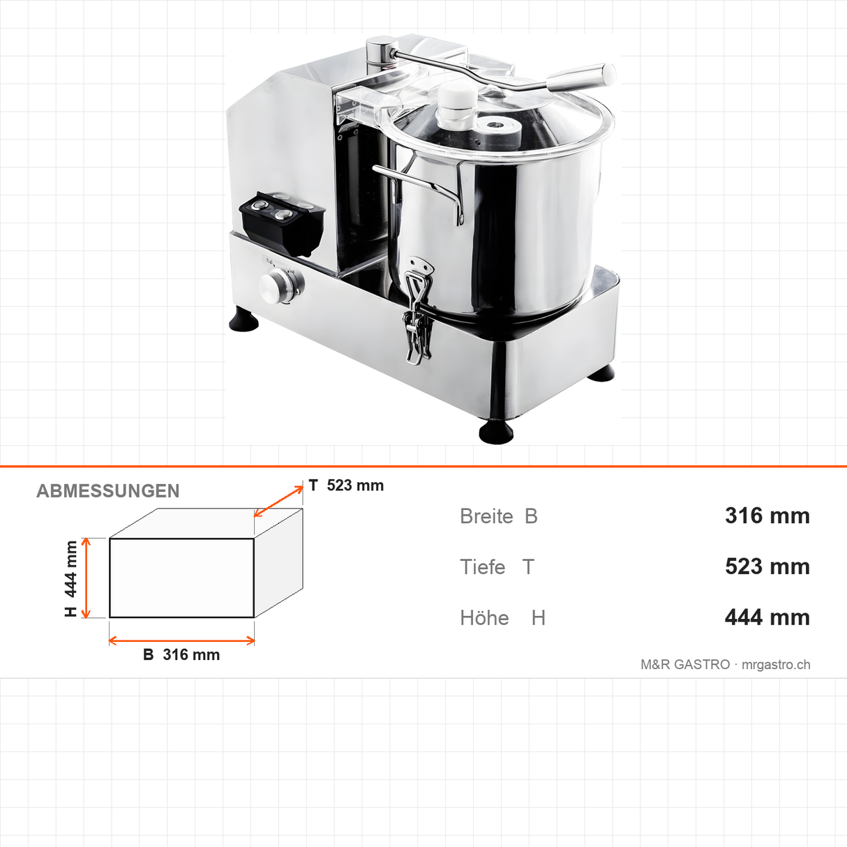 Cutter Mixer, 9 L, 0,95 kW, 986–2470 U/min, Edelstahl, 316×523×444 mm – Abmessungen