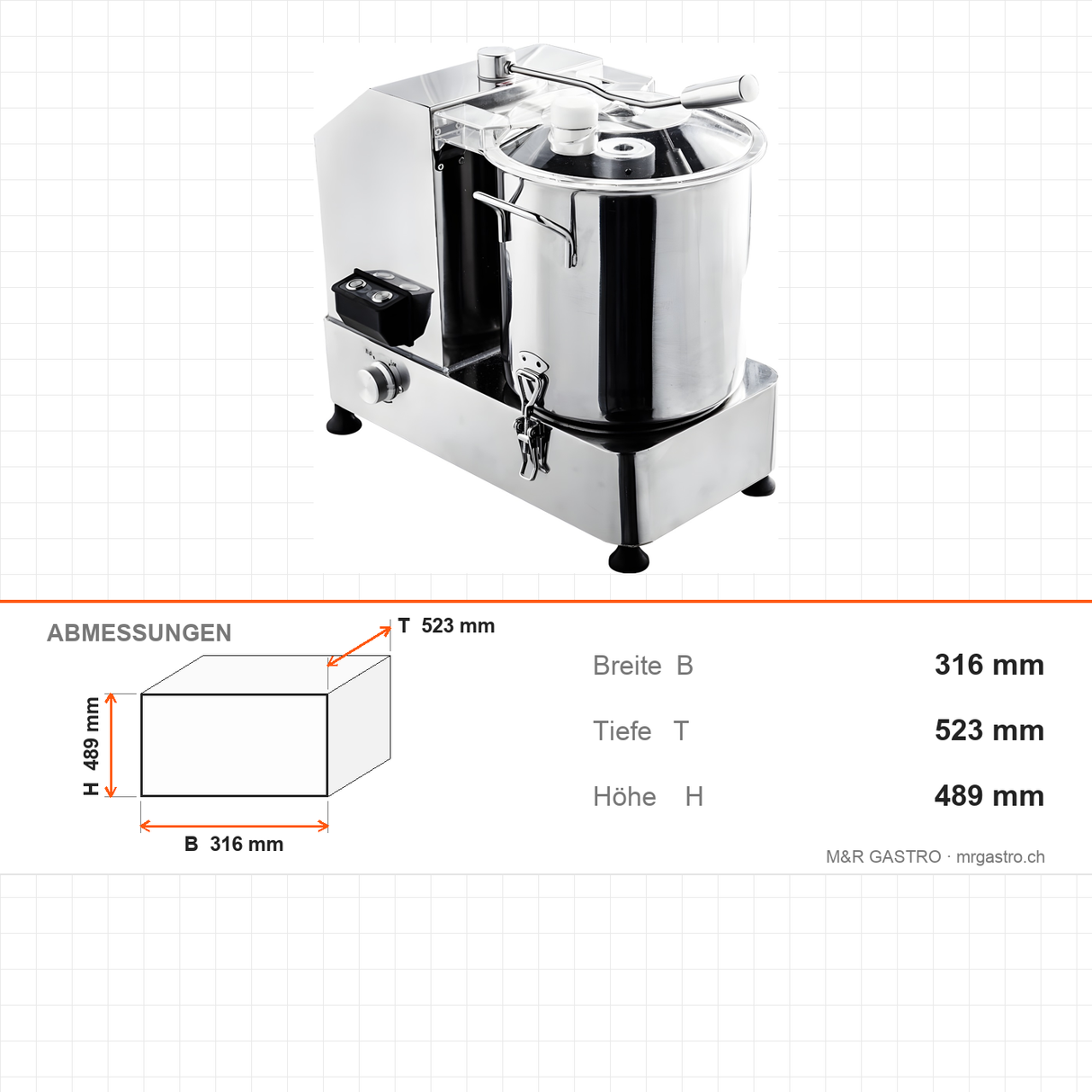Cutter Mixer, 12 L, 1,2 kW, 1100–2800 U/min, Edelstahl, 316×523×489 mm – Abmessungen