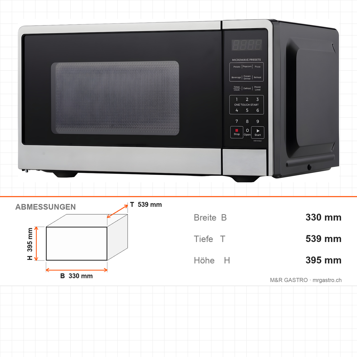 Mikrowelle kompakt, 30 Liter, 0,9 kW, 10 Leistungsstufen, Drehteller Ø 315 mm, 330×539×395 mm – Abmessungen