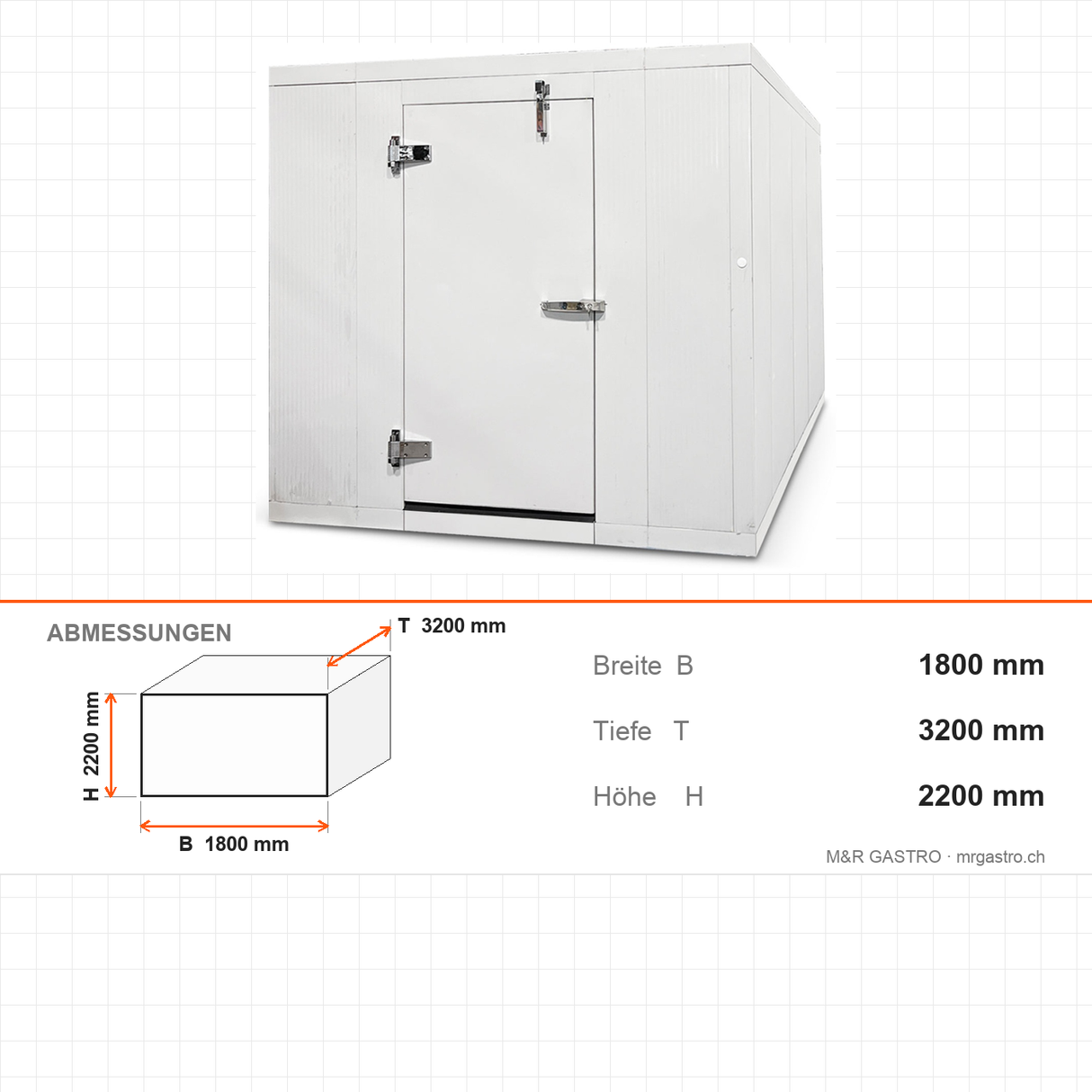 Kühlzelle, 1800×3200×2200 mm, 9,6 m³, 100 mm PU, mit Aggregat 0/5 °C – Abmessungen