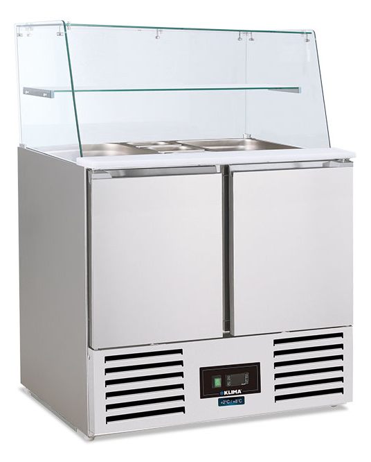 Banco saladette refrigerato - Sovrastruttura in vetro - 160 L netti - +2 °C / +8 °C - 900×700×1340 mm