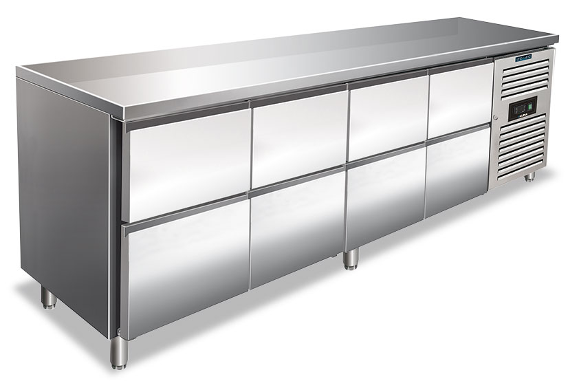 Refrigerated counter - 8 drawers - 393 L net - −2 °C / +8 °C - 2230×700×860 mm
