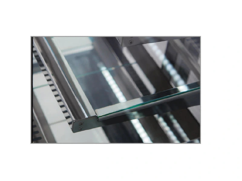 Shelves: tempered glass, stainless steel front