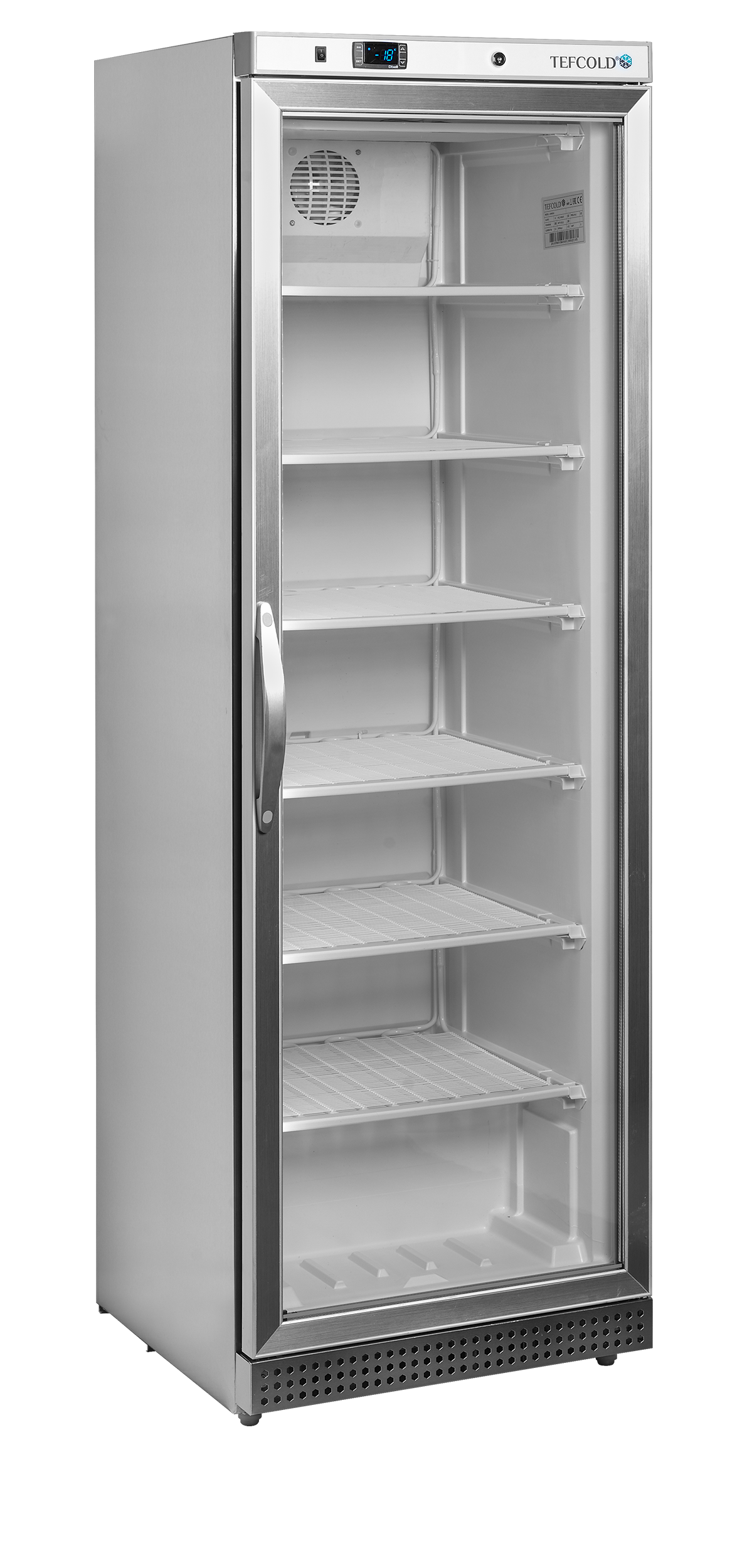 Verkaufsgefrierschrank – 1 Glastür – 340 L – 600×585×1855 mm – SS 430 – -24 bis -10 °C – 7 Feste Gefrierablagen – 380 W - Produktansicht