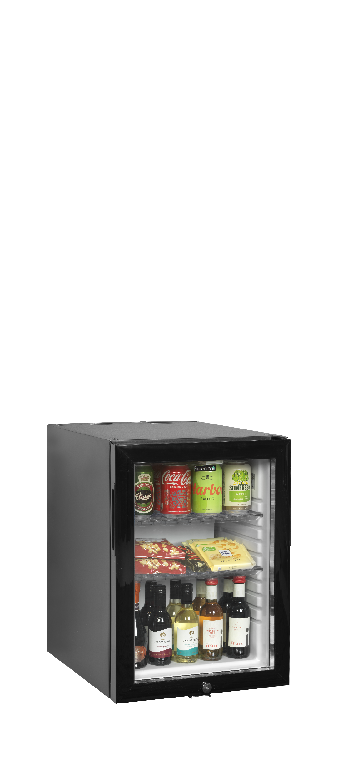 Minibar-Kühlschrank – 1 Glastür – 34 L – 402×485×565 mm – Schwarz - Anwendungsbeispiel
