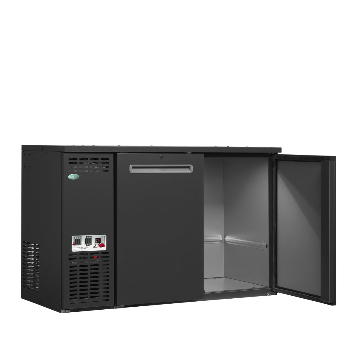 Fasskühler – 2 Türen – 367 L – 1350×580×840 mm – Anthrazit RAL 7021 – Kühlaggregat links - Innenansicht
