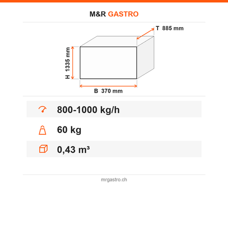 Gemüseschneider mit Silo, 1000 kg/h, 0,70/0,85 kW, 2 Geschwindigkeiten, Edelstahlklingen, Sicherheitssensor, 370×885×1335 mm – Technische Daten