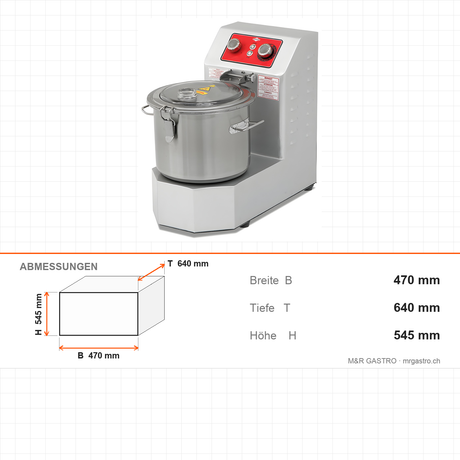 Cutter Mixer, 15 L, 1–1,75 kW, Sicherheitssensor, Timersteuerung, 470×640×545 mm – Abmessungen