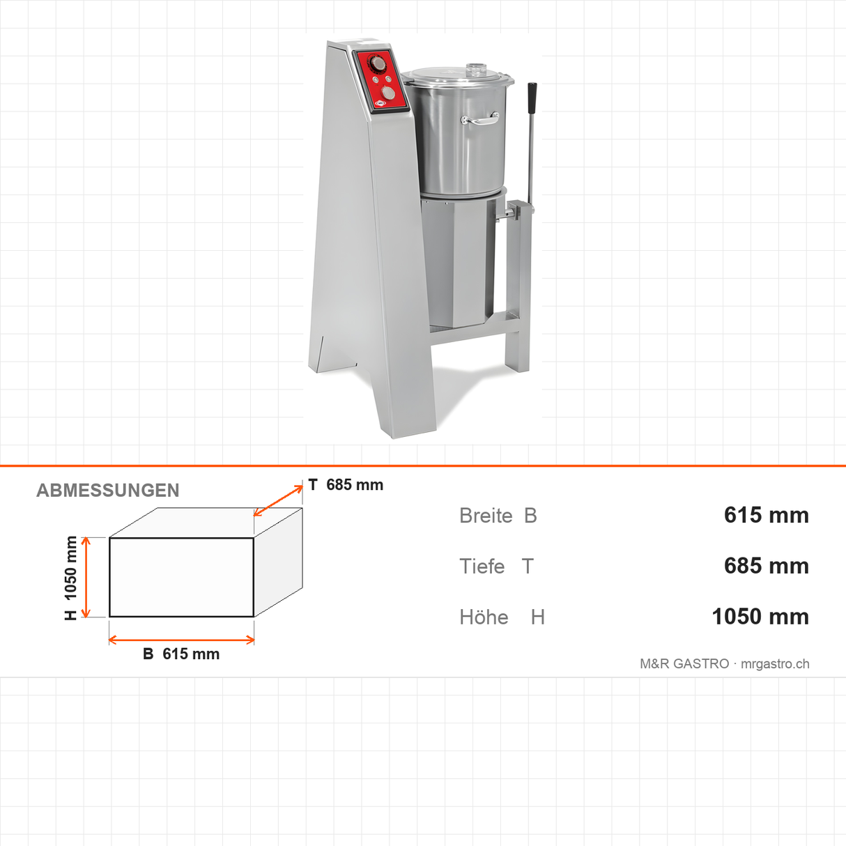 Cutter, vertikal, 20 L, 2,2 kW, Geschwindigkeitsregelung, Sicherheitssensor, 615×685×1050 mm – Abmessungen