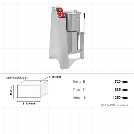 Cutter, vertikal, 50 L, 3,5/5,5 kW, Sicherheitssensor, abnehmbares Messer, 720×685×1250 mm – Abmessungen