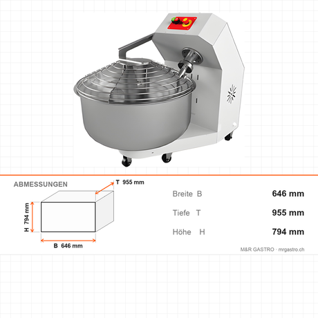 Teigknetmaschine, 50 kg, 30 kg Mehl, 230V, Edelstahl-Schüssel, 646×955×794 mm – Abmessungen