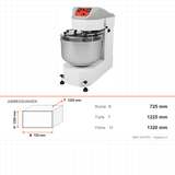 Doppelspiral-Teigknetmaschine, 100 kg, 62,5 kg Mehl, 2 Geschwindigkeiten, 400V, 725×1225×1320 mm – Abmessungen