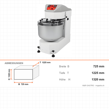 Doppelspiral-Teigknetmaschine, 100 kg, 62,5 kg Mehl, 2 Geschwindigkeiten, 400V, 725×1225×1320 mm – Abmessungen
