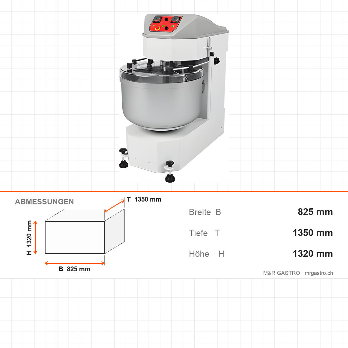 Doppelspiral-Teigknetmaschine, 130 kg, 80 kg Mehl, 2 Geschwindigkeiten, 400V, 825×1350×1320 mm – Abmessungen