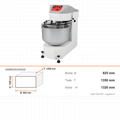 Doppelspiral-Teigknetmaschine, 130 kg, 80 kg Mehl, 2 Geschwindigkeiten, 400V, 825×1350×1320 mm – Abmessungen
