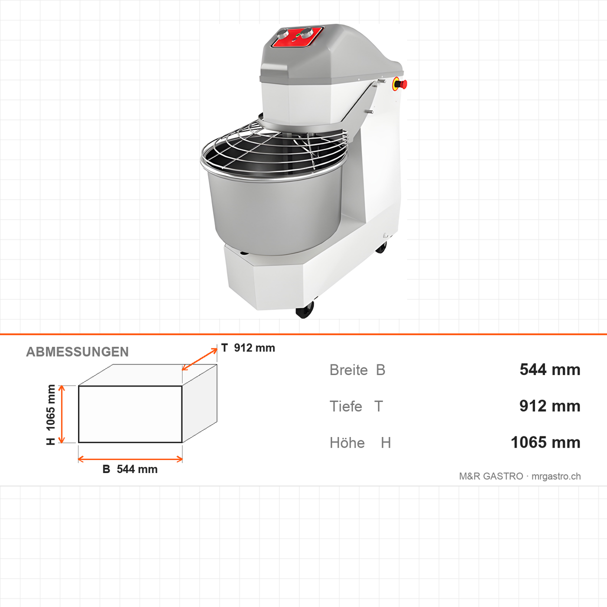 Doppelspiral-Teigknetmaschine, 50 L, 2 Geschwindigkeiten, Timer, 400V, fahrbar, 544×912×1065 mm – Abmessungen