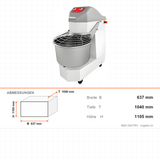 Doppelspiral-Teigknetmaschine, 60 L, 2 Geschwindigkeiten, Timer, 400V, fahrbar, 637×1040×1105 mm – Abmessungen