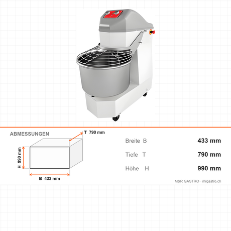 Spiral-Teigknetmaschine, 30 L, 30 kg Mehl, 1 Geschwindigkeit, 1,5 kW, 400V, fahrbar, 433×790×990 mm – Abmessungen
