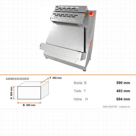 Pizza-Teigausrollmaschine, 46 cm Walze, verstellbarer Durchmesser und Dicke, Plexiglasschutz, 0,25 kW, 590×493×684 mm – Abmessungen