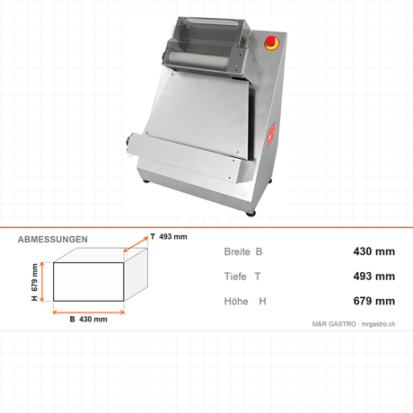 Pizza-Teigausrollmaschine, 30 cm, verstellbarer Durchmesser und Dicke, Plexiglasschutz, 0,25 kW, 430×493×679 mm – Abmessungen