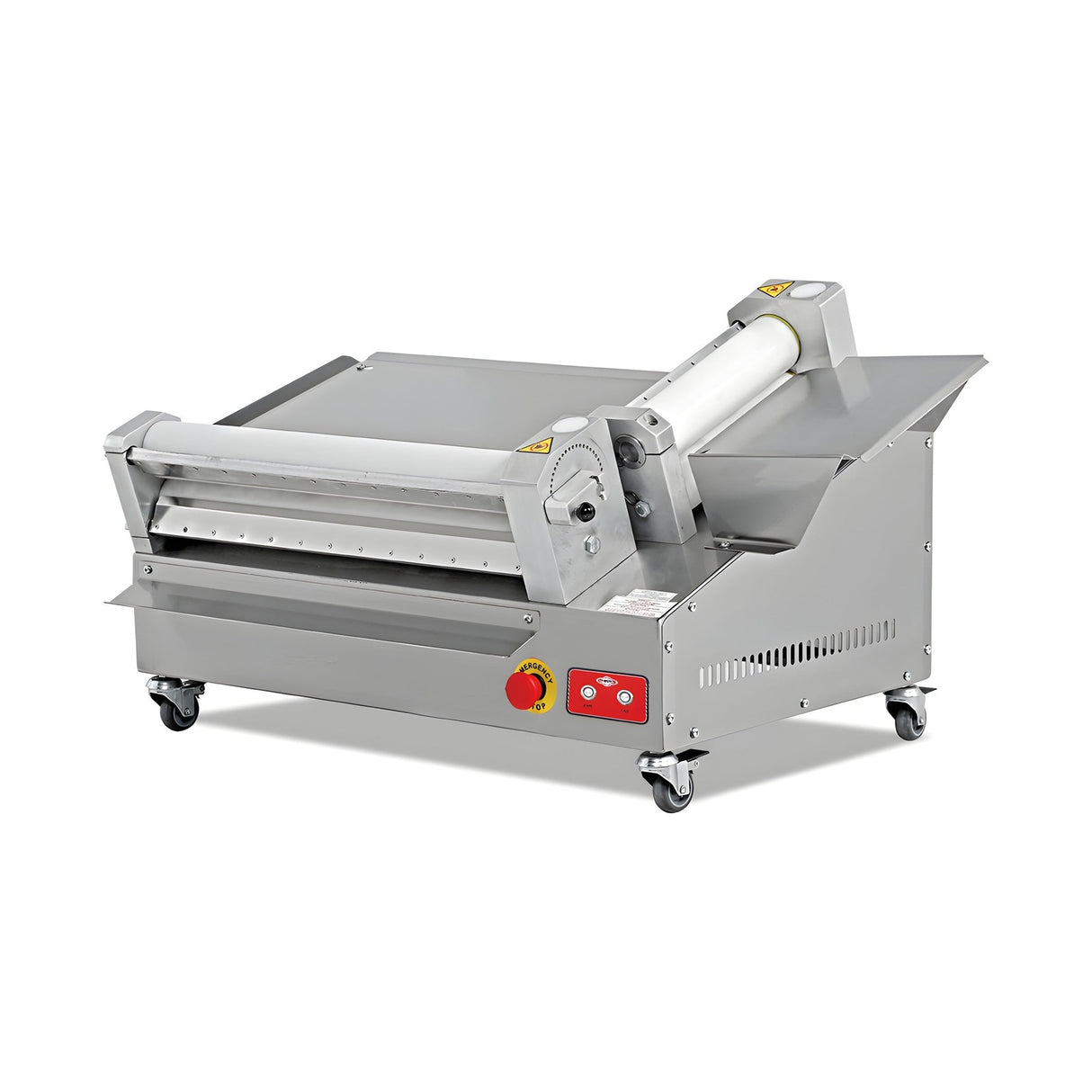 Pizza-Teigausrollmaschine, 55 cm, verstellbarer Durchmesser und Dicke, Edelstahlgehäuse, Not-Aus, 0,75 kW, 940×600×540 mm – Produktbild