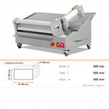 Pizza-Teigausrollmaschine, 55 cm, verstellbarer Durchmesser und Dicke, Edelstahlgehäuse, Not-Aus, 0,75 kW, 940×600×540 mm – Abmessungen