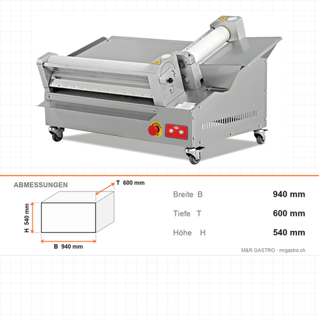 Pizza-Teigausrollmaschine, 55 cm, verstellbarer Durchmesser und Dicke, Edelstahlgehäuse, Not-Aus, 0,75 kW, 940×600×540 mm – Abmessungen