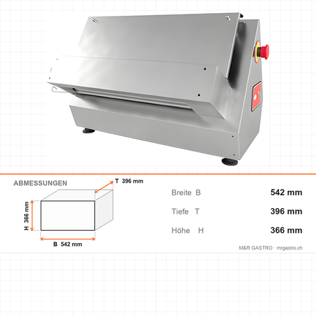 Pizza-Teigausrollmaschine, Einzelwalze, verstellbarer Durchmesser und Dicke, Edelstahlgehäuse, Not-Aus, 0,18 kW, 542×396×366 mm – Abmessungen