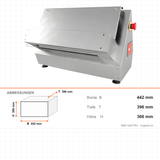 Pizza-Teigausrollmaschine, Einzelwalze, 30 cm, verstellbarer Durchmesser und Dicke, Edelstahlgehäuse, Not-Aus, 0,18 kW, 442×396×366 mm – Abmessungen