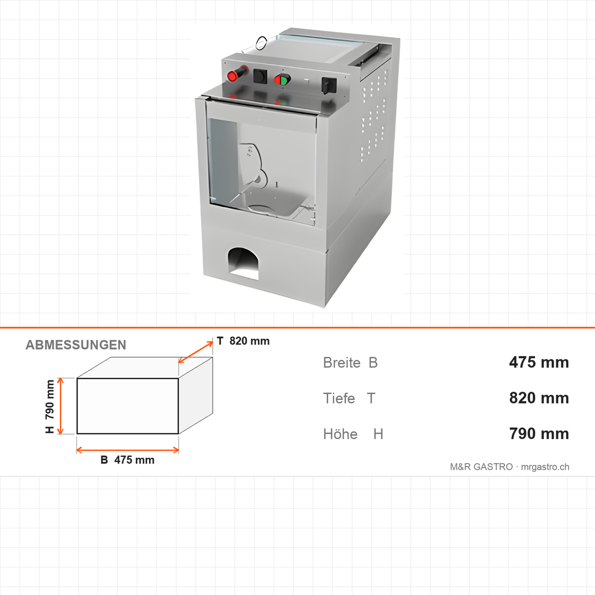 Teigteiler, 50–300 g, 400 kg/h, 44 Liter Bunker, Edelstahlgehäuse, 0,46 kW, 475×820×790 mm, Serie 700 – Abmessungen