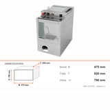 Teigteiler, 50–300 g, 400 kg/h, 44 Liter Bunker, Edelstahlgehäuse, 0,46 kW, 475×820×790 mm, Serie 700 – Abmessungen
